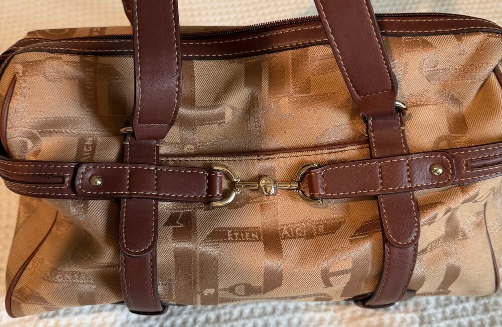 ienne Aigner Vintage Jacquard Shoulder Bag Brown Leather Trim Horsebit
